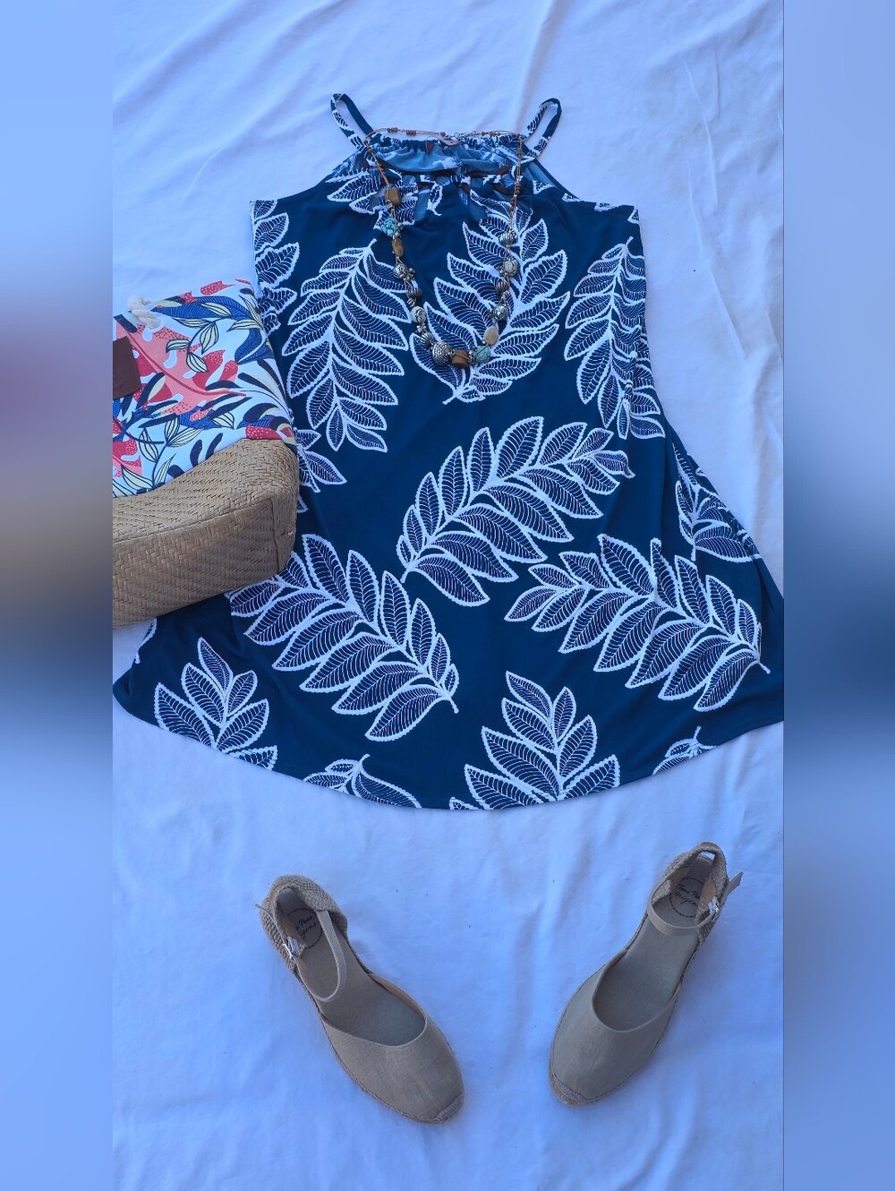 SJS Teal & White Tropical Leaf Swim Cover Up Dress Size M